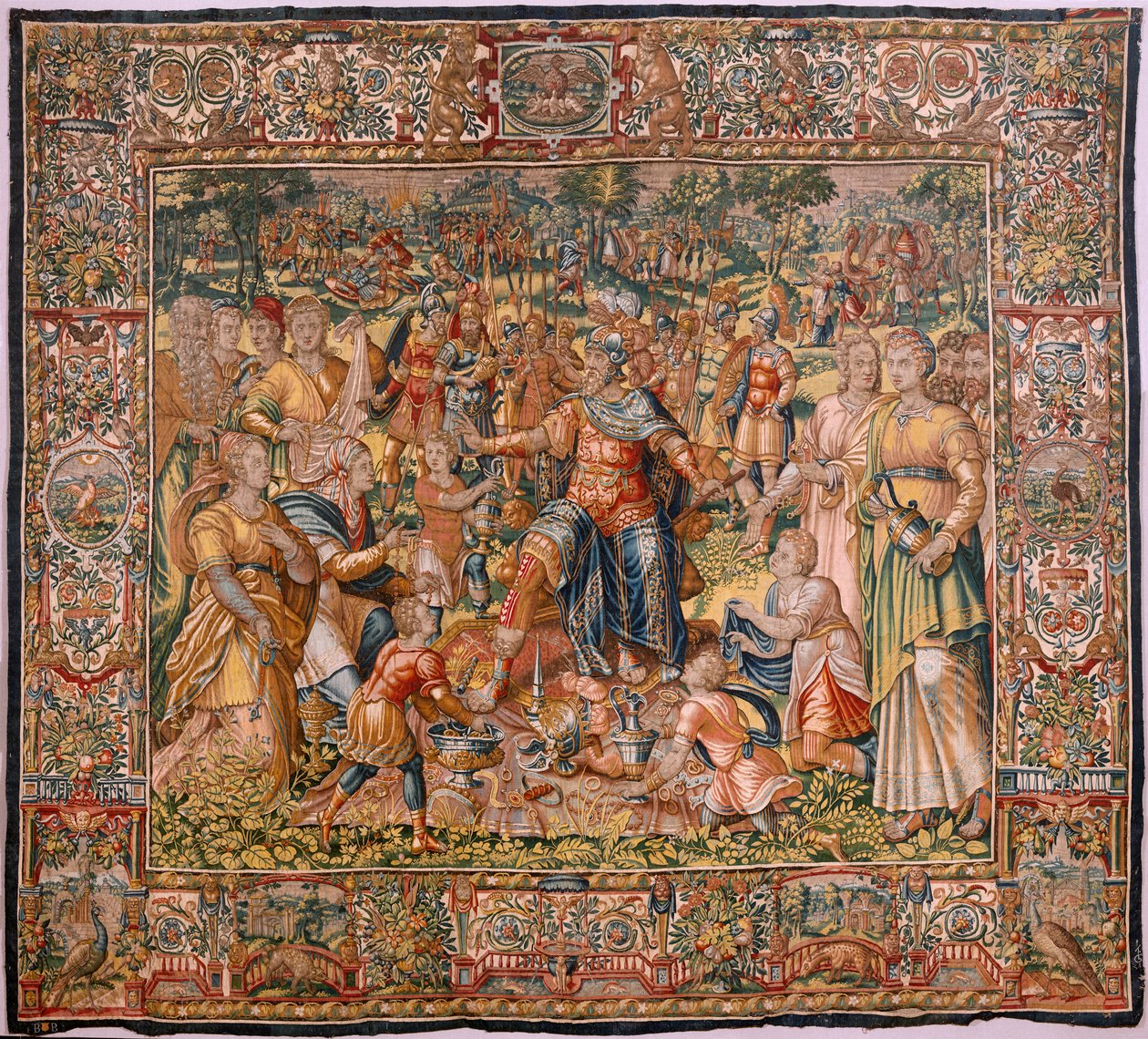 Muzeum Diecezjalne (Muzeum Diecezjalne). Flamandzki gobelin. Bruksela. Warsztaty François Geubels. Seria Historia Gideona. Izraelici przekazują swoją część łupu Gedeonowi. Jedwab i wełna. Zapis Biszou autorstwa Maerten van Heemskerck
