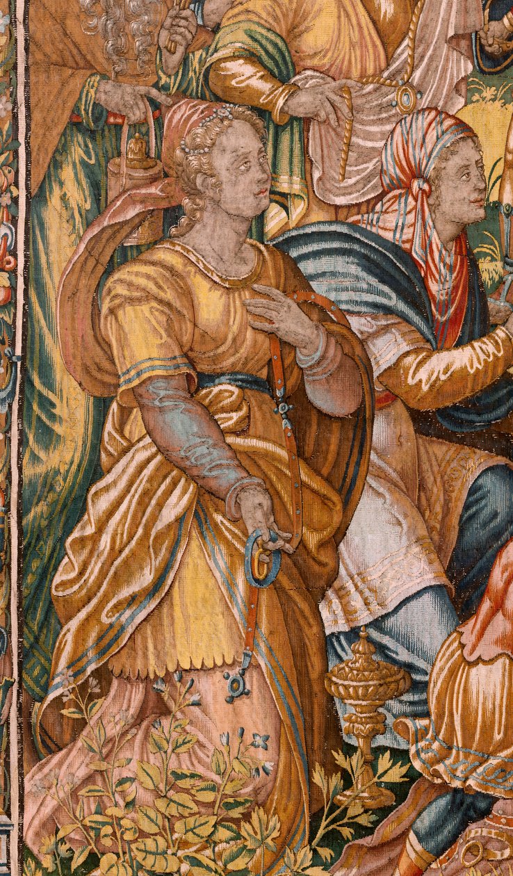 Muzeum Diecezjalne (Muzeum Diecezjalne). Flamandzki gobelin. Bruksela. Warsztaty François Geubels. Seria Historia Gideona. Izraelici przekazują swoją część łupu Gedeonowi. Jedwab i wełna. Zapis Biszou autorstwa Maerten van Heemskerck