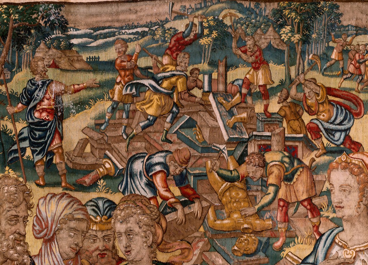 Muzeum Diecezjalne (Muzeum Diecezjalne). Flamandzki gobelin. Bruksela. Warsztaty François Geubels. Seria Historia Gideona. Joasz zostaje poinformowany, że Gedeon zniszczył ołtarz Baala (Joasz zostaje poinformowany, że Gedeon zburzył ołtarz Baala). Jedwab i autorstwa Maerten van Heemskerck