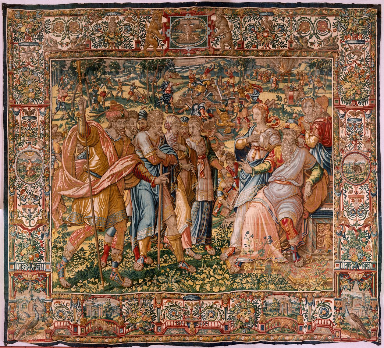 Muzeum Diecezjalne (Muzeum Diecezjalne). Flamandzki gobelin. Bruksela. Warsztaty François Geubels. Seria Historia Gideona. Joasz zostaje poinformowany, że Gedeon zniszczył ołtarz Baala (Joasz zostaje poinformowany, że Gedeon zburzył ołtarz Baala). Jedwab i autorstwa Maerten van Heemskerck