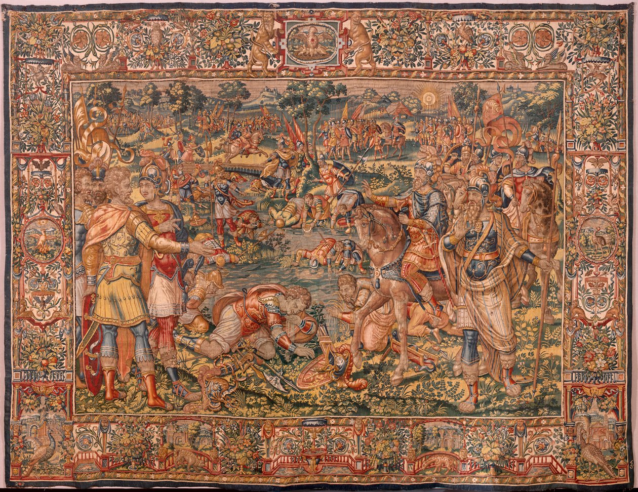 Muzeum Diecezjalne. Flamandzki gobelin. Bruksela. Atelier Francois Geubels. Seria Historia Gideona. Wojownicy są wybrani. Jedwab i wełna. Zapis biskupa Vicente Roca de la Serna. Barokowy. 1534-1571, w c autorstwa Maerten van Heemskerck