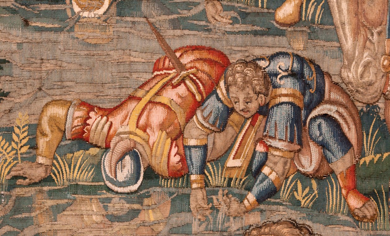 Muzeum Diecezjalne. Flamandzki gobelin. Bruksela. Atelier Francois Geubels. Seria Historia Gideona. Wojownicy są wybrani. Jedwab i wełna. Zapis biskupa Vicente Roca de la Serna. Barokowy. 1534-1571, w c autorstwa Maerten van Heemskerck