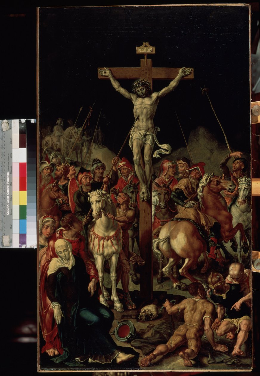 „Kalwaria” (Kalwaria) Ukrzyżowanie. Na krzyżu napis "INRI". Centralny panel tryptyku. Obraz Maartena van Heemskercka (Maerten Heemskerk van Veen) (Marten, Martin) (1498-1574) 1545-1550 Wymiary 100,7x58,3 cm Ermitaż, Sain autorstwa Maerten van Heemskerck