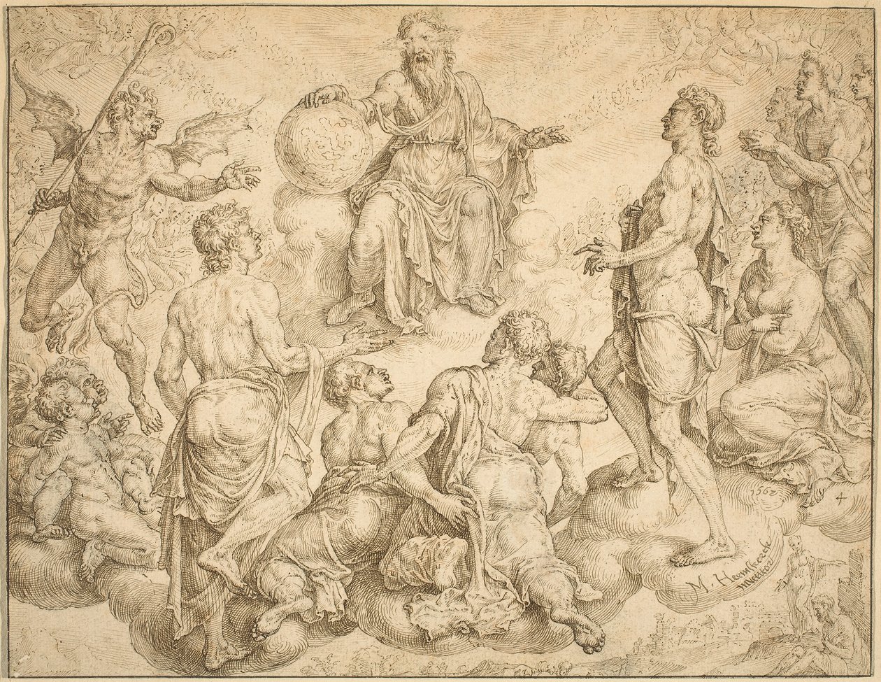 Szatan wzywa Boga, aby usunął jego ochronę z Hioba autorstwa Maerten van Heemskerck