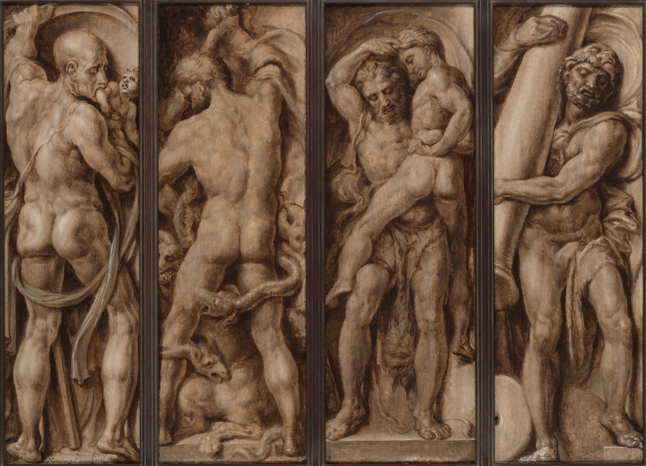 Saturn pożerający dziecko; Herkules zabijający Hydrę; Herkules podnoszący Antaeusa; Herkules wznoszący kolumny Calpe i Abyla autorstwa Maerten van Heemskerck