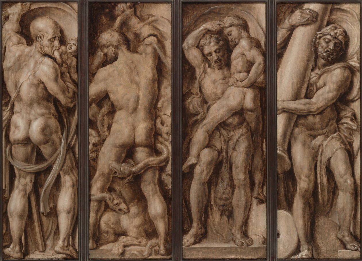 Saturn pożerający dziecko; Herkules zabijający Hydrę; Herkules podnoszący Anteusza; Herkules wznoszący słupy Kalpe i Abyli autorstwa Maerten van Heemskerck