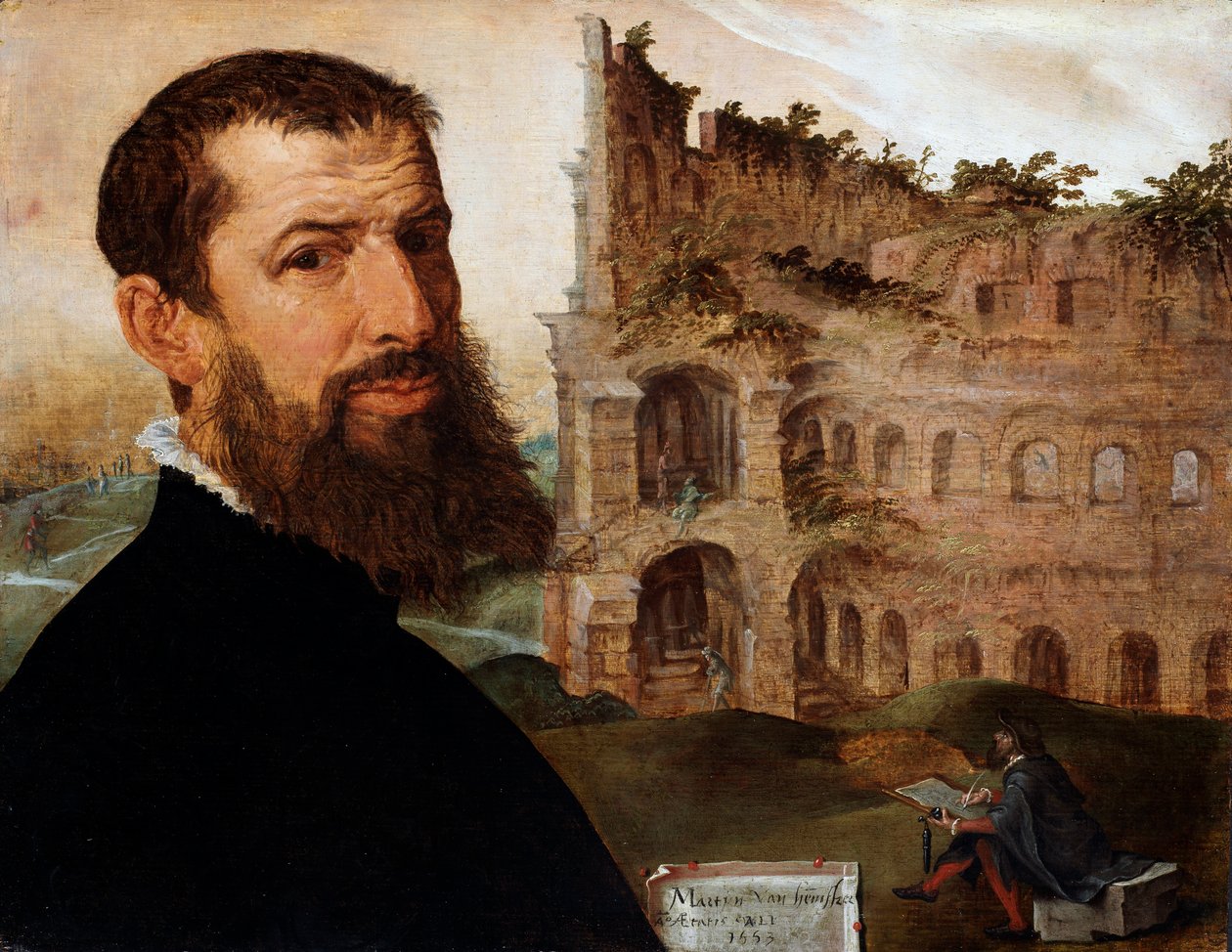 Autoportret malarza z Koloseum w tle, 1553 autorstwa Maerten van Heemskerck