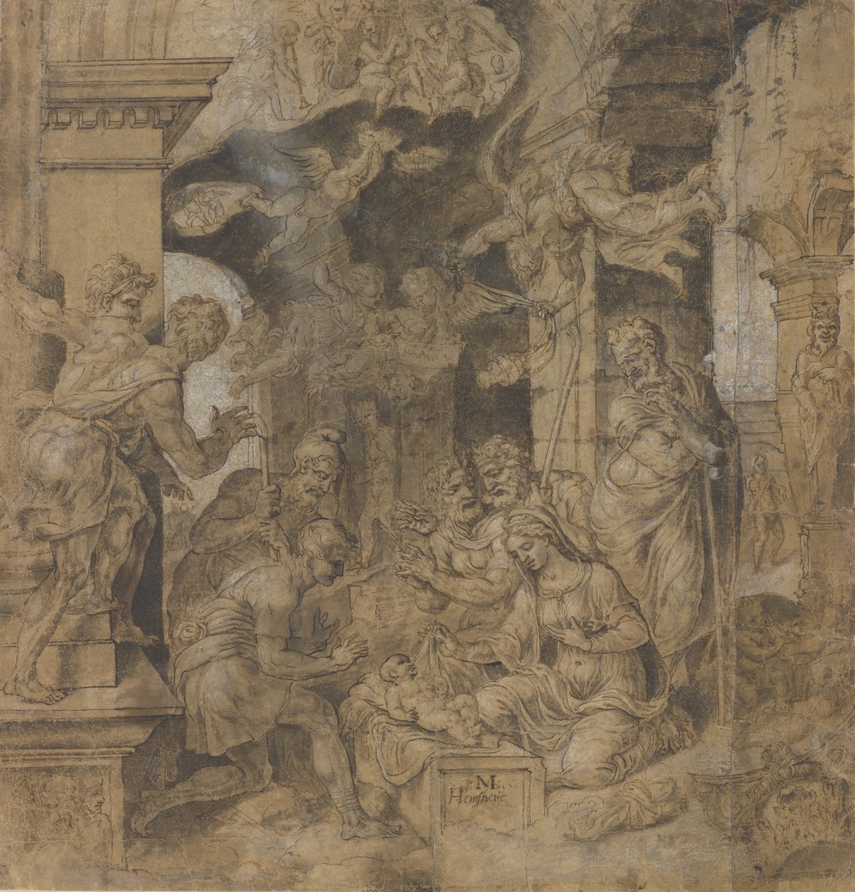 Adoracja pasterzy, verso: Szkice, ca. 1532-37. autorstwa Maerten van Heemskerck