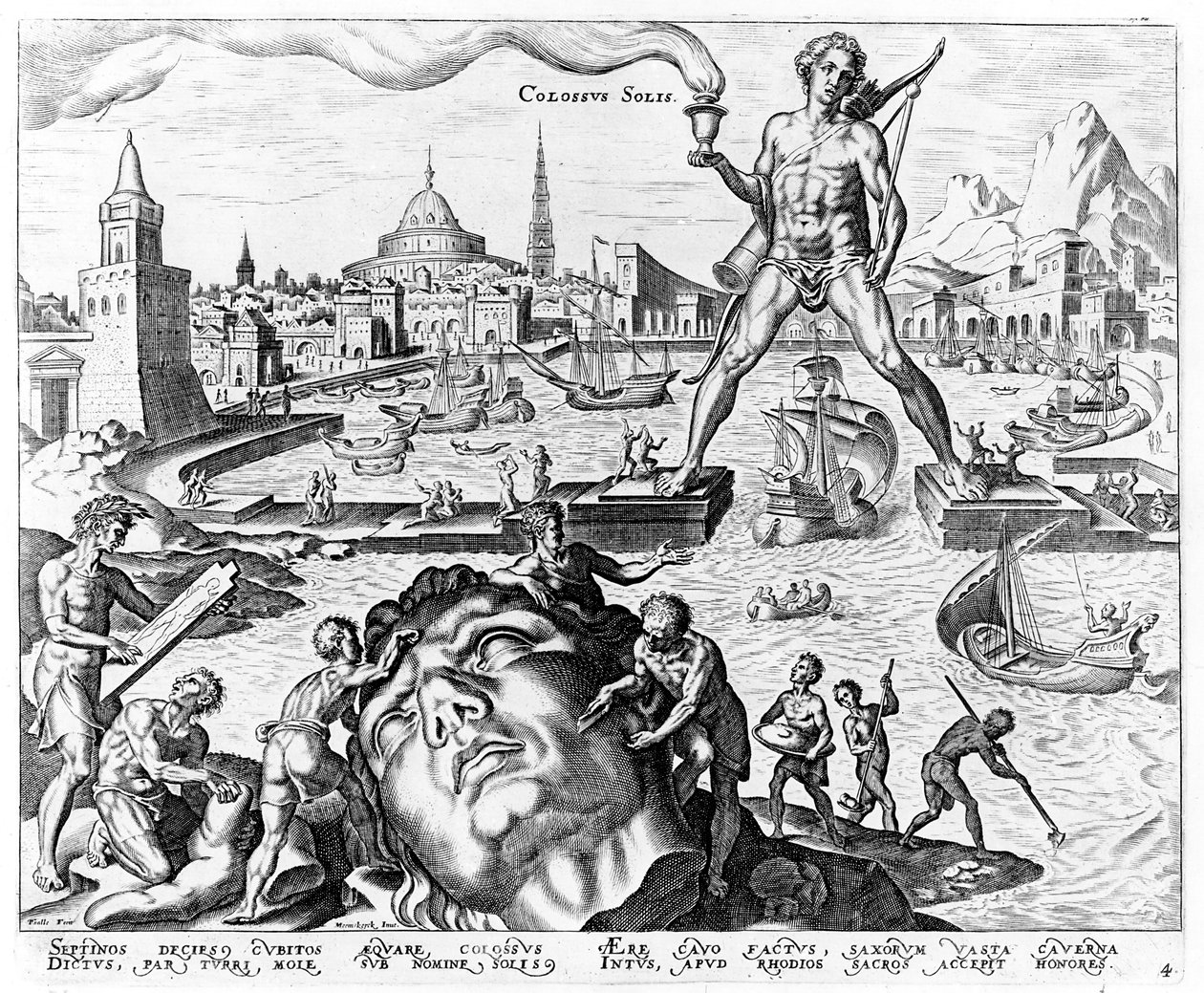 Kolos z Rodos, płyta 4 z Ośmiu cudów świata, inż. Philips Galle, 1572 autorstwa Maerten van Heemskerck