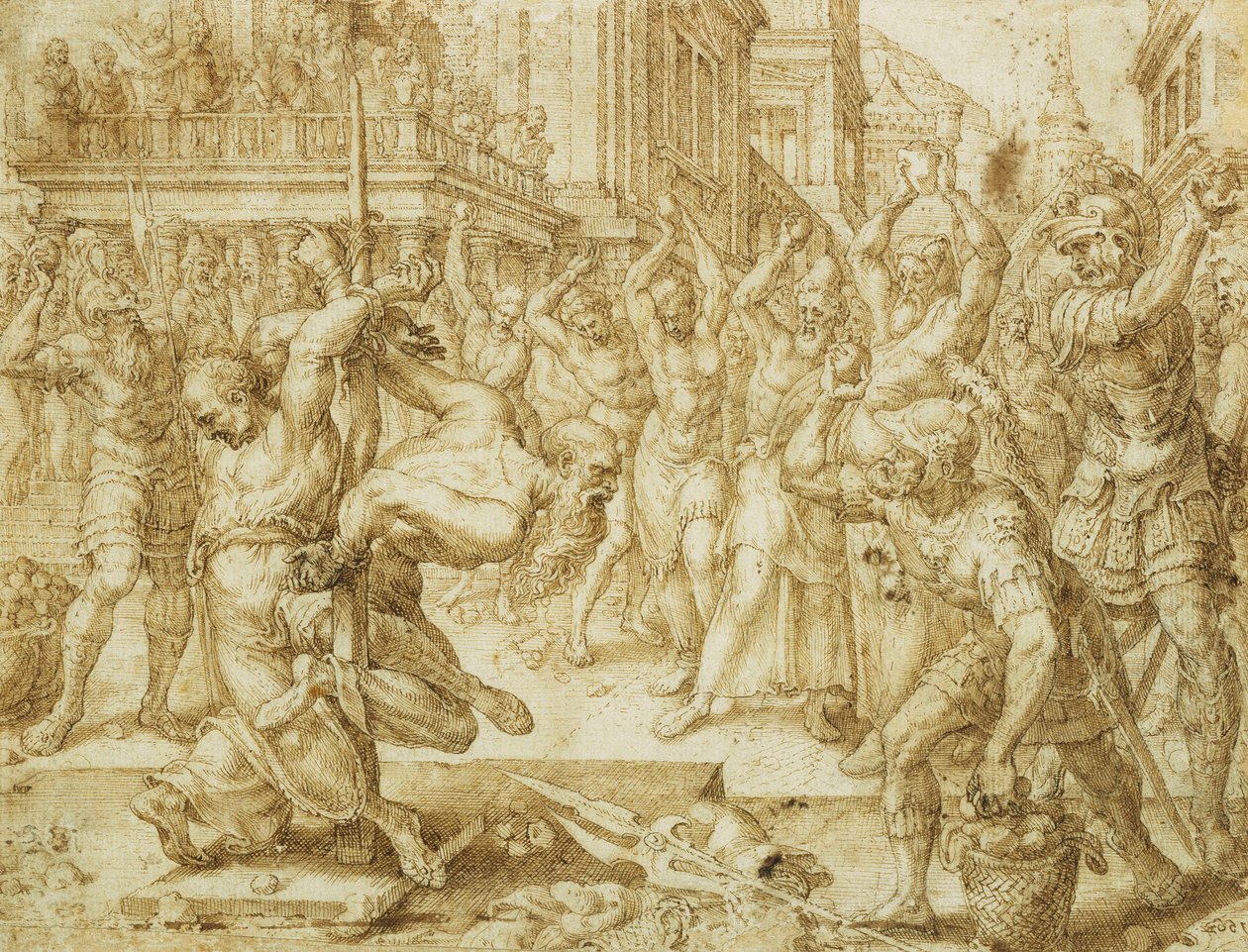 Ukamienowanie starszych, z Historii Zuzanny, 1562 autorstwa Maerten van Heemskerck