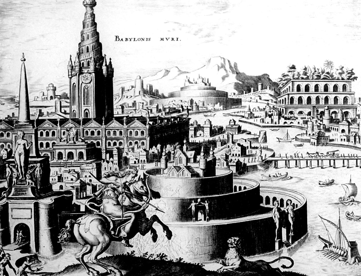 Mury Babilonu, tablica 7 z Ośmiu cudów świata, inż. Philips Galle autorstwa Maerten van Heemskerck