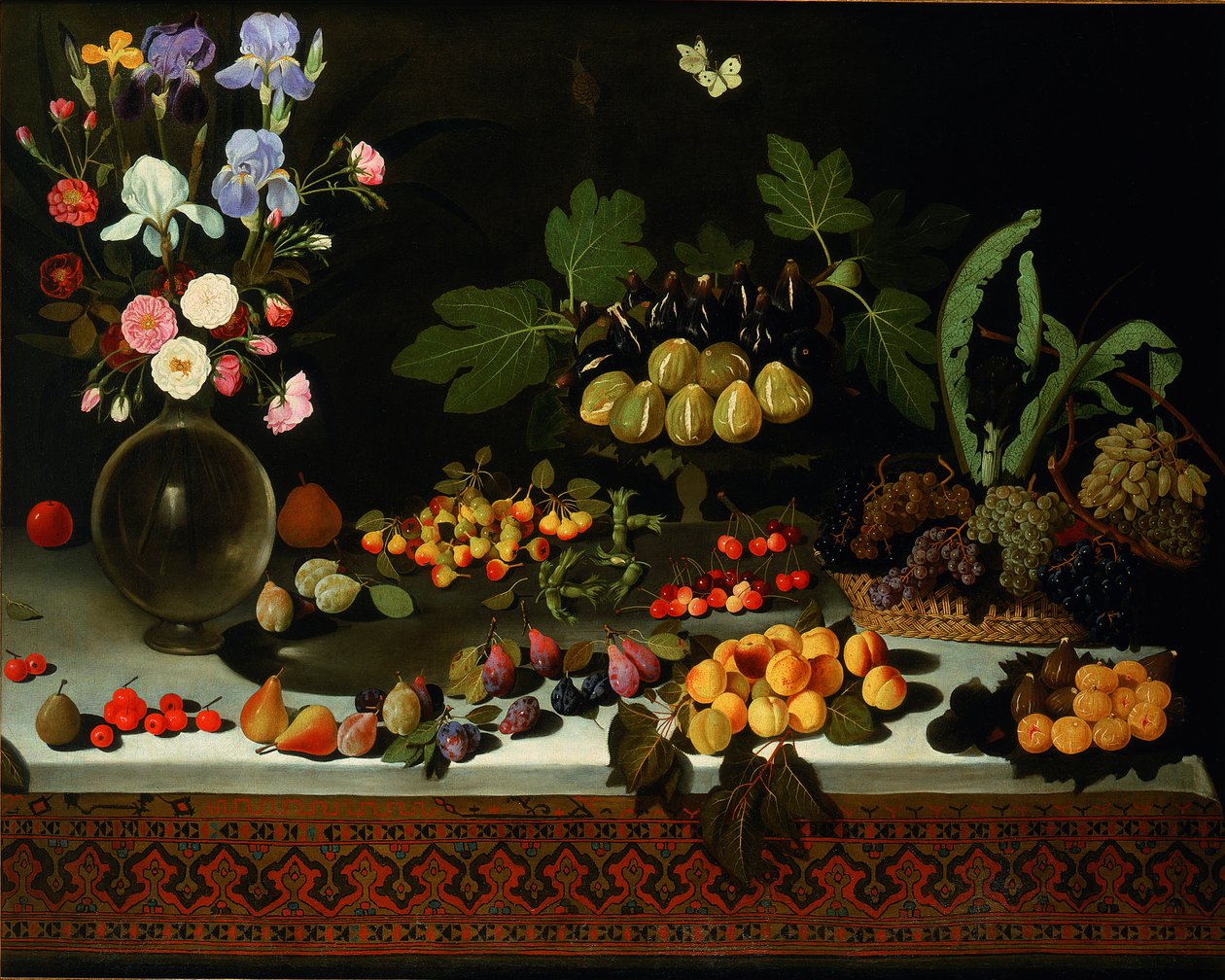 Kwiaty i owoce na stole, ca. 1600. autorstwa Maestro di Hartford