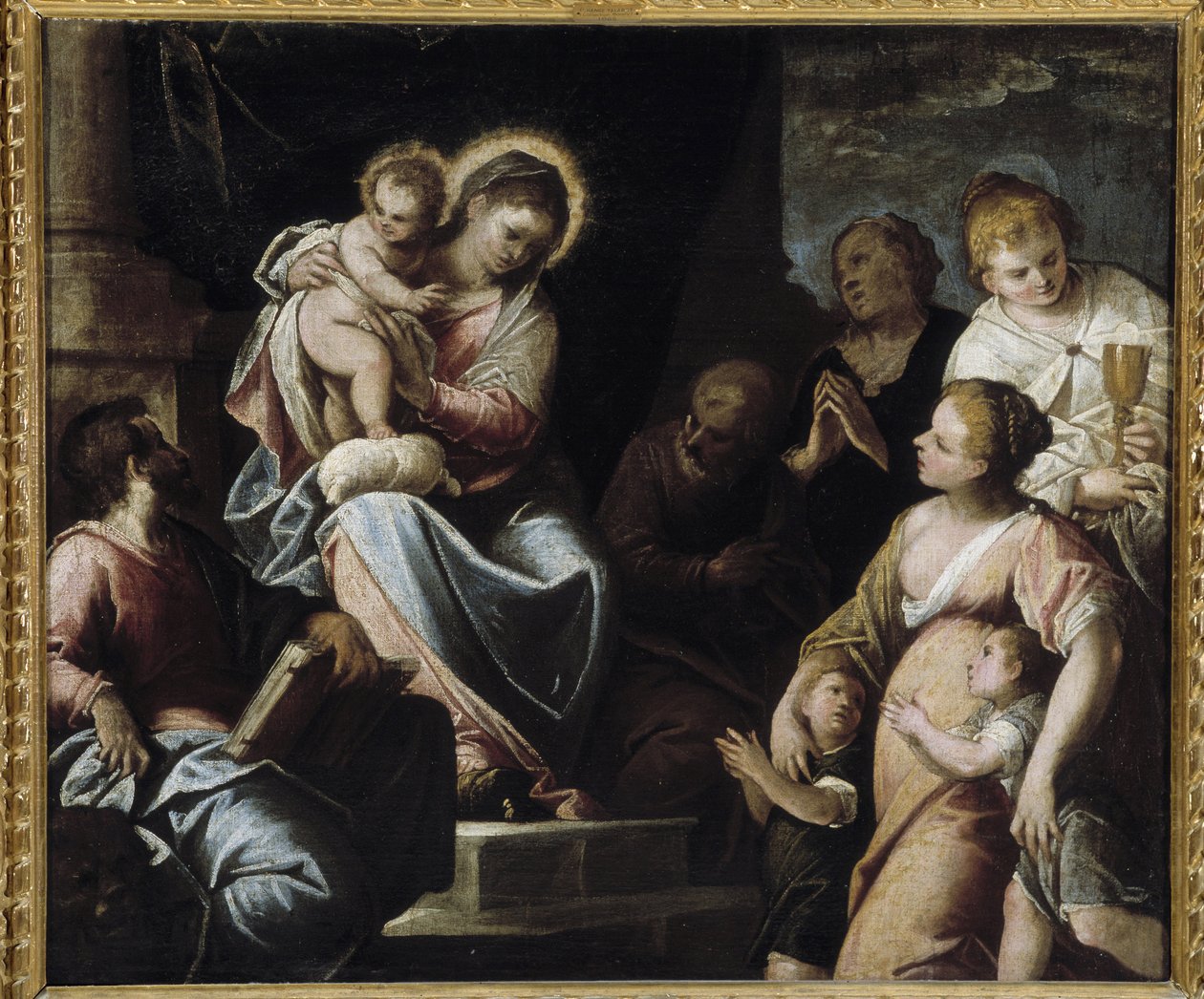 Dziewica ma Dziecię otoczone cnotami teologicznymi Alegoria Wiary, Esperance i Miłosierdzia autorstwa Maffeo da Verona