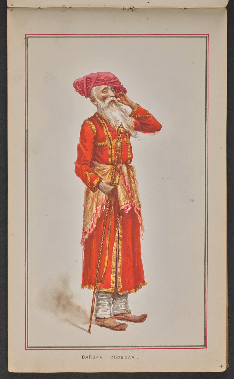 Starszy urzędnik dworski durbaru Kolhapur, ubrany w czerwony płaszcz i różowy turban (akwarela na papierze) autorstwa Mahadev Vishvanath Dhurandhar