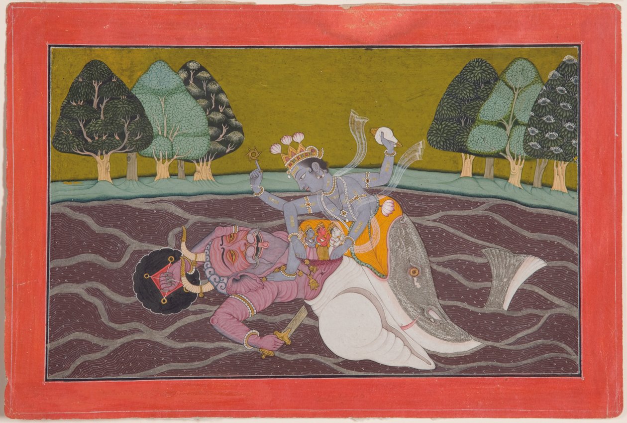 Matsya, rybie wcielenie Wisznu, ok. 1745 (papier nieprzezroczysty, wc i złoto) autorstwa Mahesh