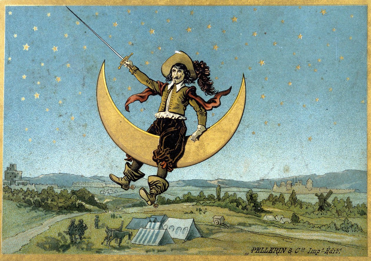 Ilustracja Cyrano de Bergeraca w jego powieści „Inny świat”” autorstwa Henri Maigrot