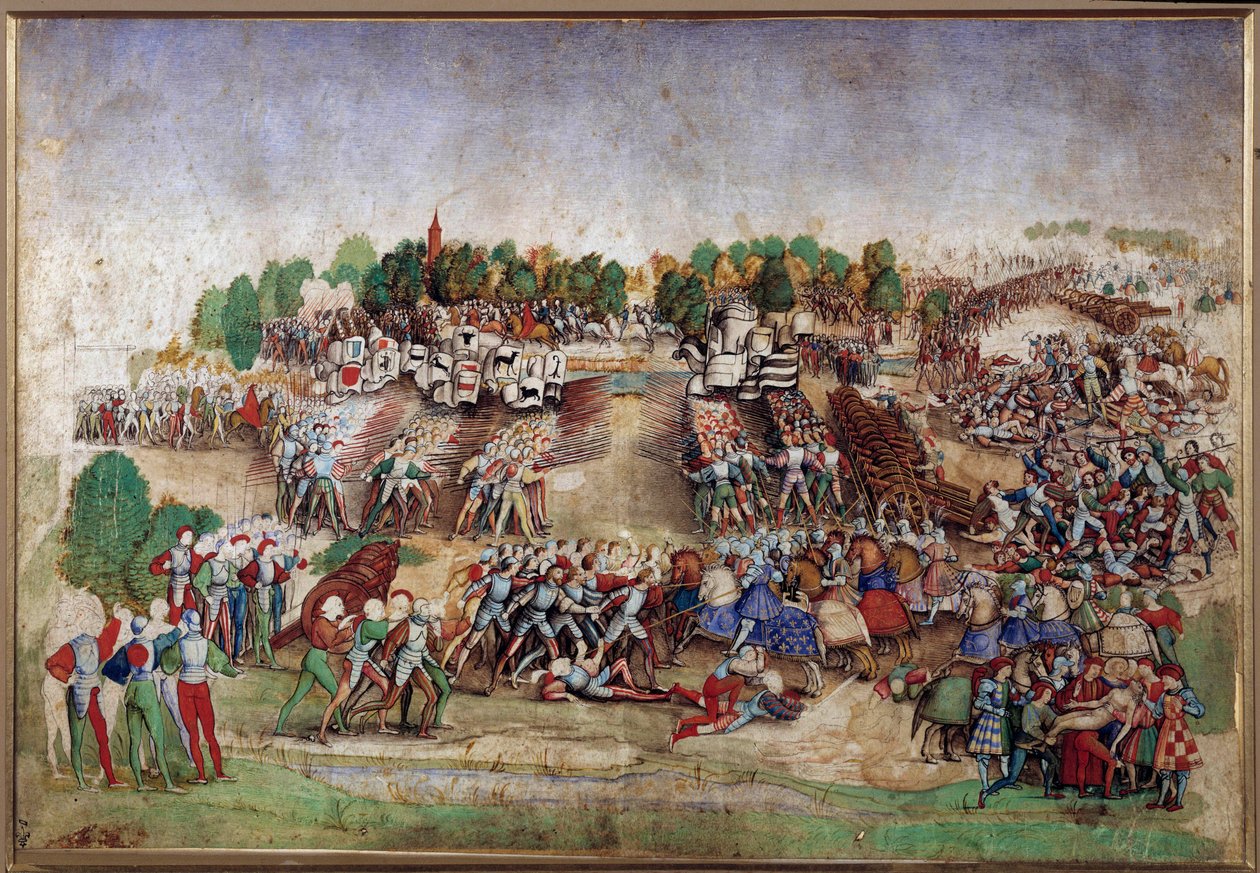 Wojny włoskie: „” Bitwa pod Marignan 14.09.1515”” Rysunek piórem mistrza De La Ratiere (XVI wiek) Sun. 0,21x0,31 m Chantilly, Musee Conde autorstwa Maitre a la ratiere