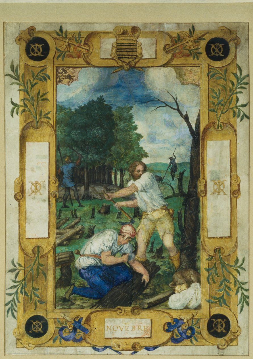 Kartka z kalendarza na listopad, ścinanie drzew, z księgi godzin, ok. 1550-60 autorstwa Maitre des Heures de Claude Gouffier