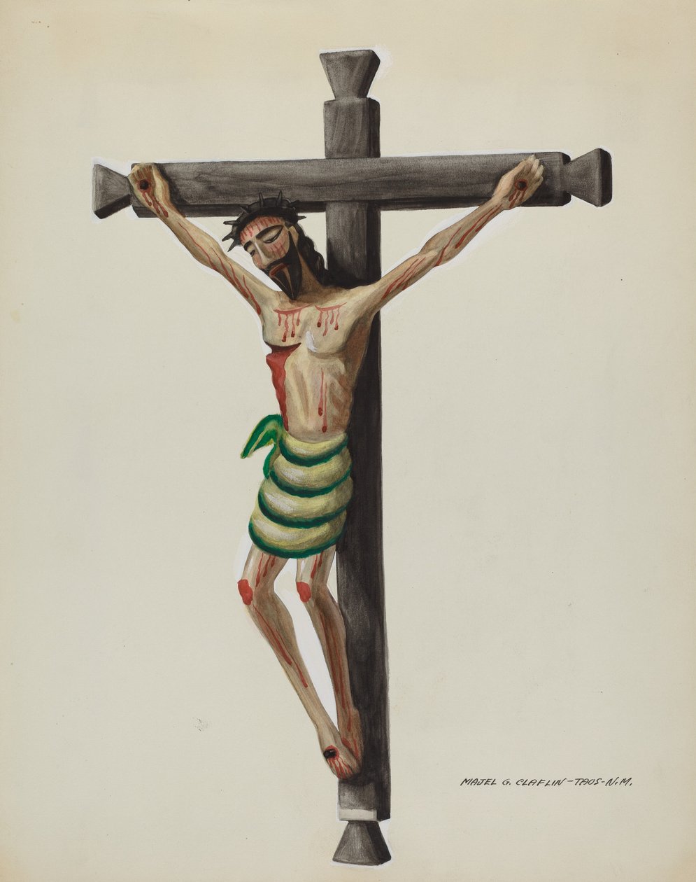 Cristo, rzeźbiony i malowany, na czarnym rzeźbionym drewnianym krzyżu, ok. 1930 r. 1937. autorstwa Majel G. Claflin