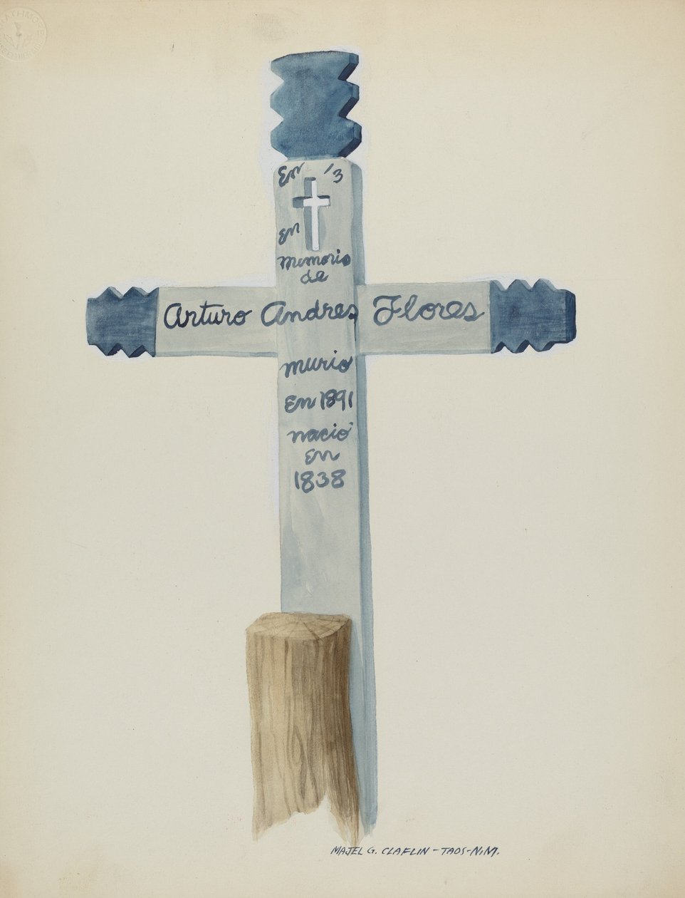 Ręcznie robiony i malowany drewniany krzyż - nagrobek, ok. 1900 r. 1937. autorstwa Majel G. Claflin