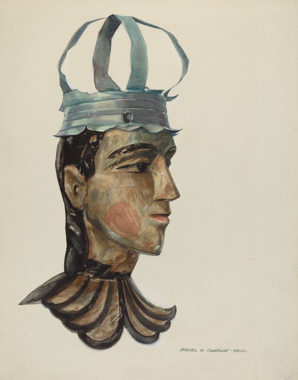 Głowa rzeźbionej figury z cynową koroną, 1935-1942. autorstwa Majel G. Claflin