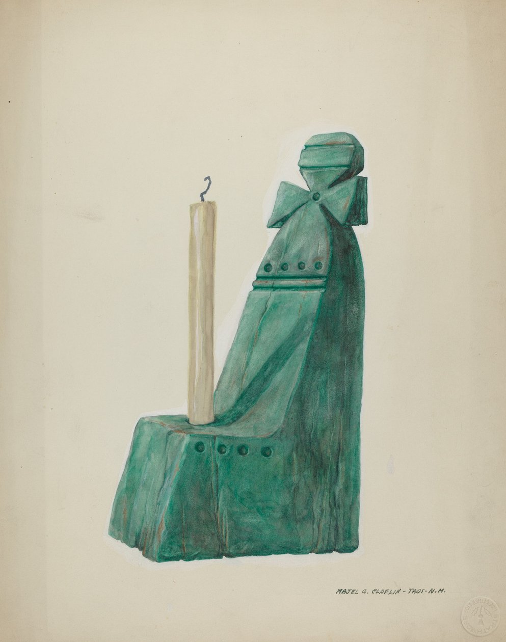 Drewniany świecznik malowany z rowkami i kołami, ok. 1900 r. 1937. autorstwa Majel G. Claflin