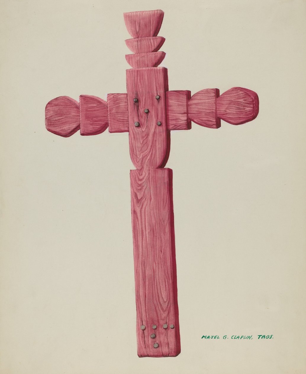 Czerwony drewniany krzyż używany jako nagrobek, c. 1937. autorstwa Majel G. Claflin