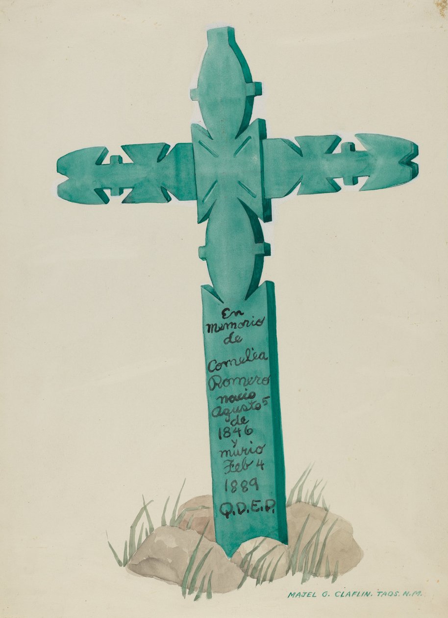 Drewniany krzyż, rzeźbiony, używany jako nagrobek, ok. 1930 r. 1937. autorstwa Majel G. Claflin
