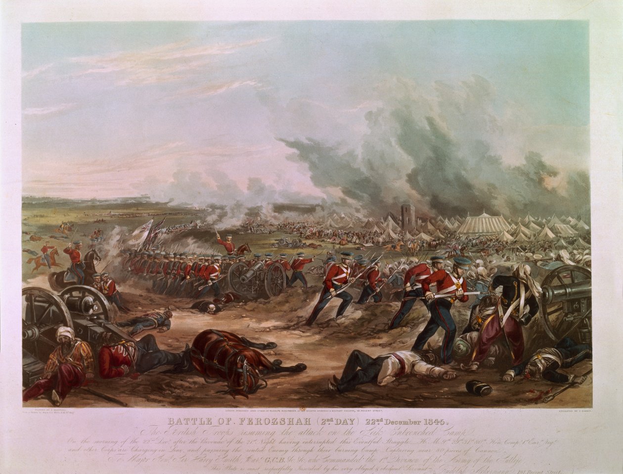 Drugi dzień bitwy pod Ferozszah, 22 grudnia 1845 (akwatinta kolorowa) autorstwa Major G.F. White