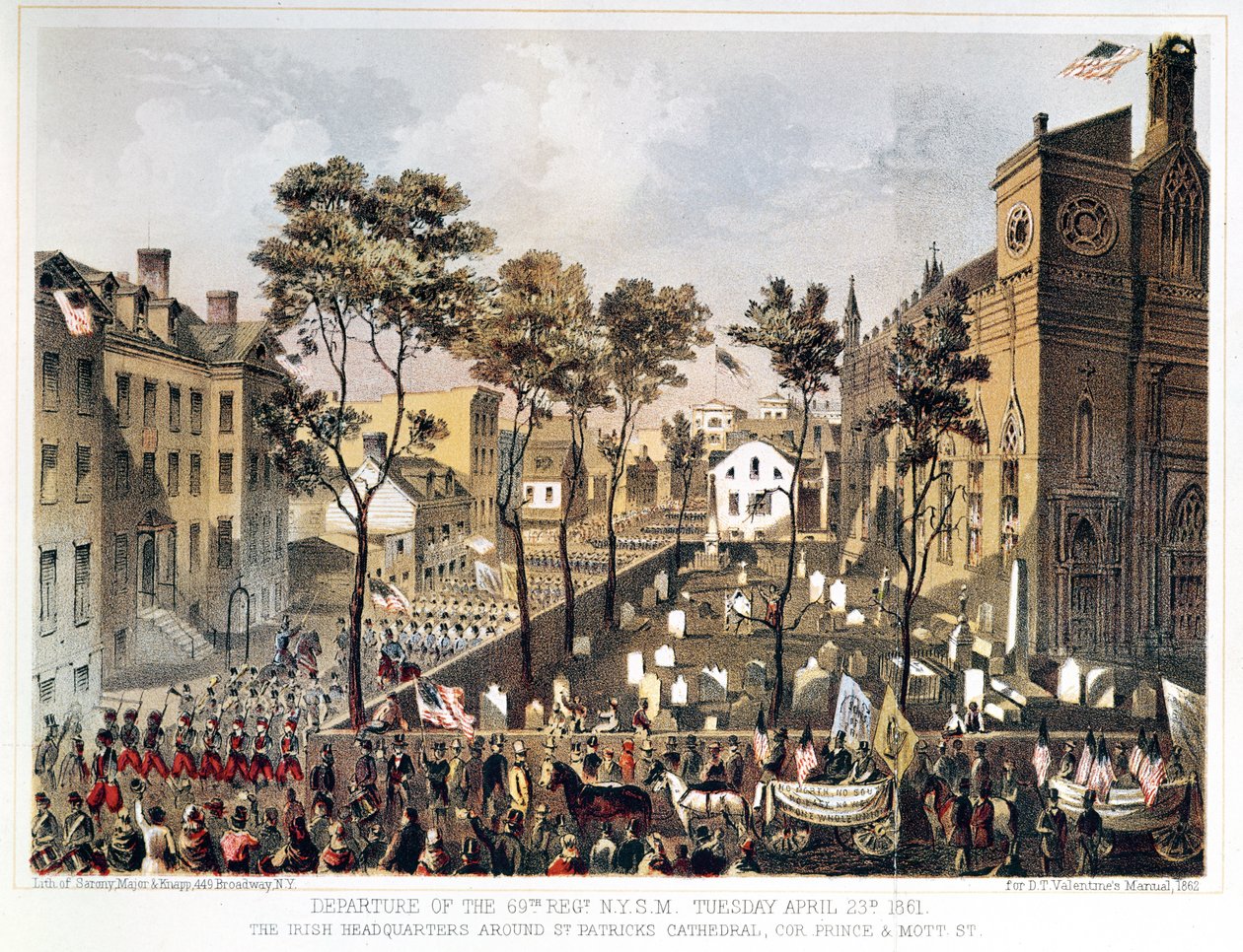 Wyjazd 69. pułku, Nowy Jork, 23 kwietnia 1861 r., Irlandzka Komenda Główna wokół katedry św. Patryka, róg Prince and Mott Street, Nowy Jork autorstwa Major and Knapp Sarony