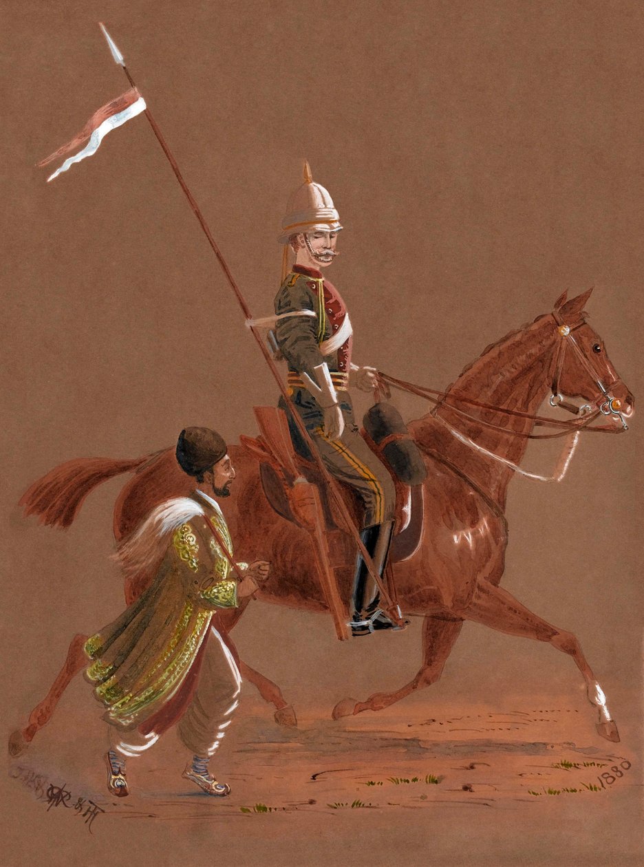 Żołnierz 9. Ułanów na koniu z afgańskim żołnierzem biegnącym obok konia autorstwa Major General R.G. Woodthorpe
