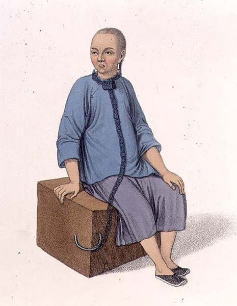 Mężczyzna przymocowany do dużego drewnianego klocka, płyta 14 z „Kara Chin”, grawerowana przez J. Dadleya autorstwa Major George Henry Mason