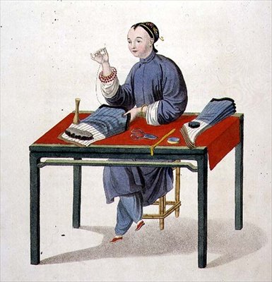Kobieta robiąca pończochy, płyta 3 z filmu „The Costume of China”, ryt. J. Dadley autorstwa Major George Henry Mason
