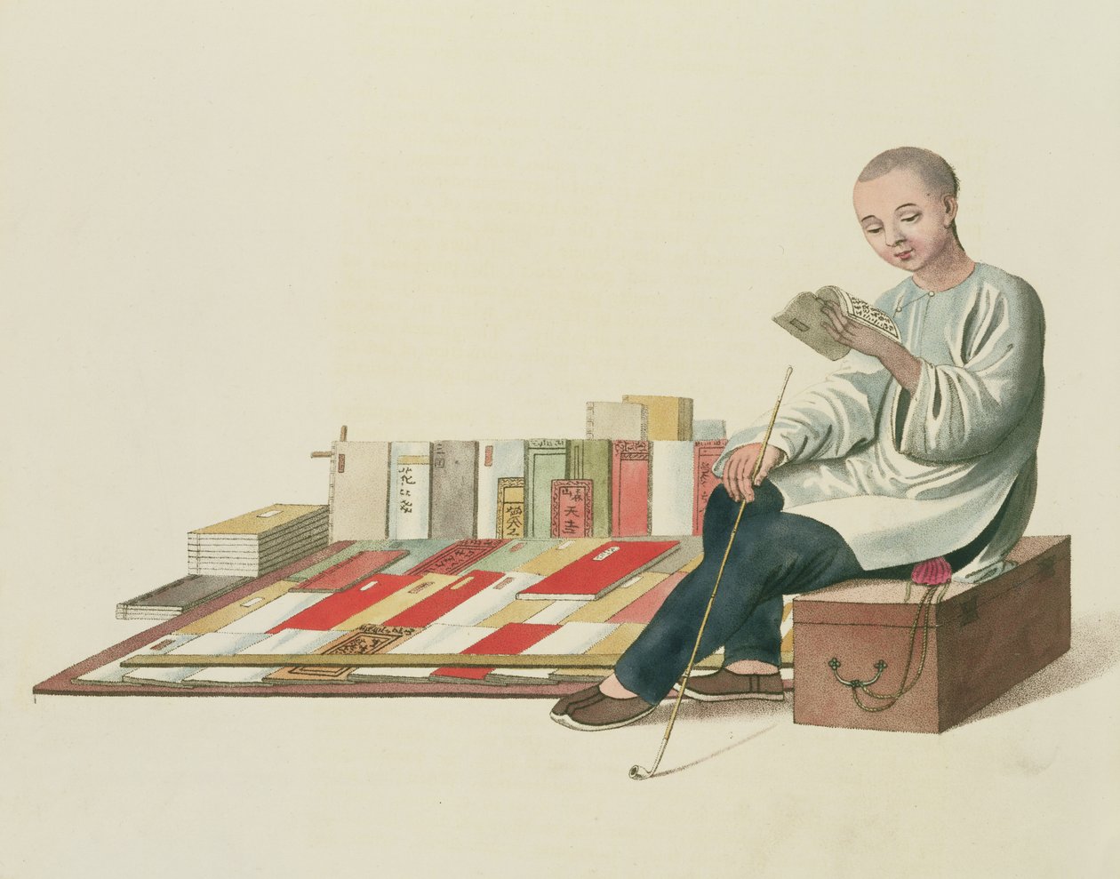 A Bookseller, tablica 6 z "The Costume of China", wyryta przez J. Dadley, 1800 r. autorstwa Major George Henry Mason