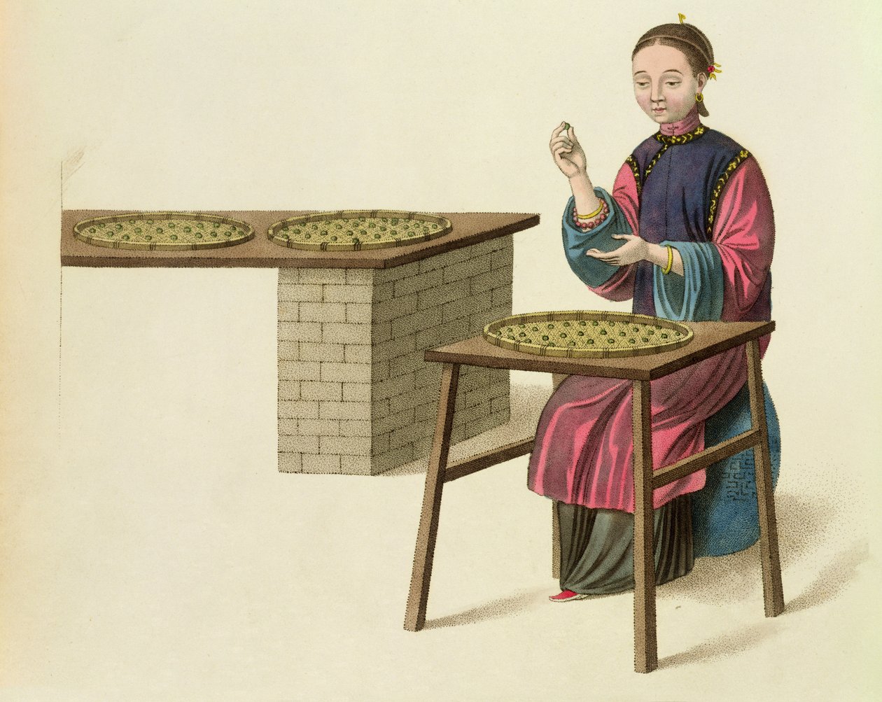 Kobieta przygotowująca herbatę, talerz 21 z filmu „The Costume of China”, ryt. J. Dadley, 1800 autorstwa Major George Henry Mason