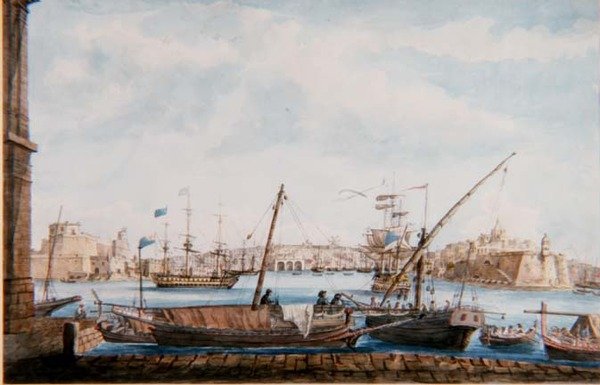 Widok portu Gallies od strony Valetta, ok. 1800 (ołówek i akwarela) autorstwa Major James of Tolcross Weir