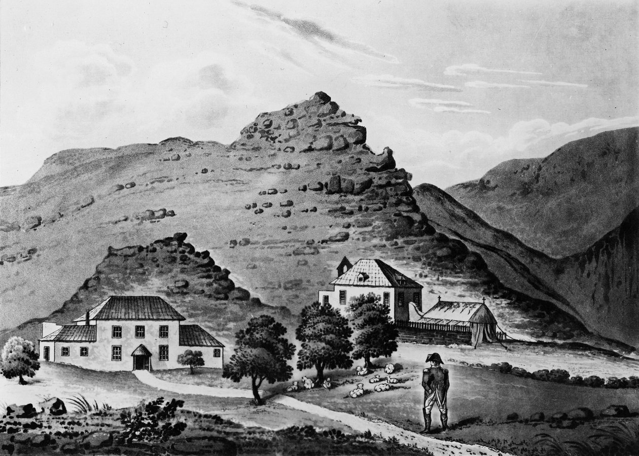 Napoleon naprzeciw „The Briars”, domu rodziny Balcombe, która zapewniła zakwaterowanie Napoleonowi na St Helena od 19 października do 10 grudnia 1815 r. autorstwa Major Ludovick Stewart