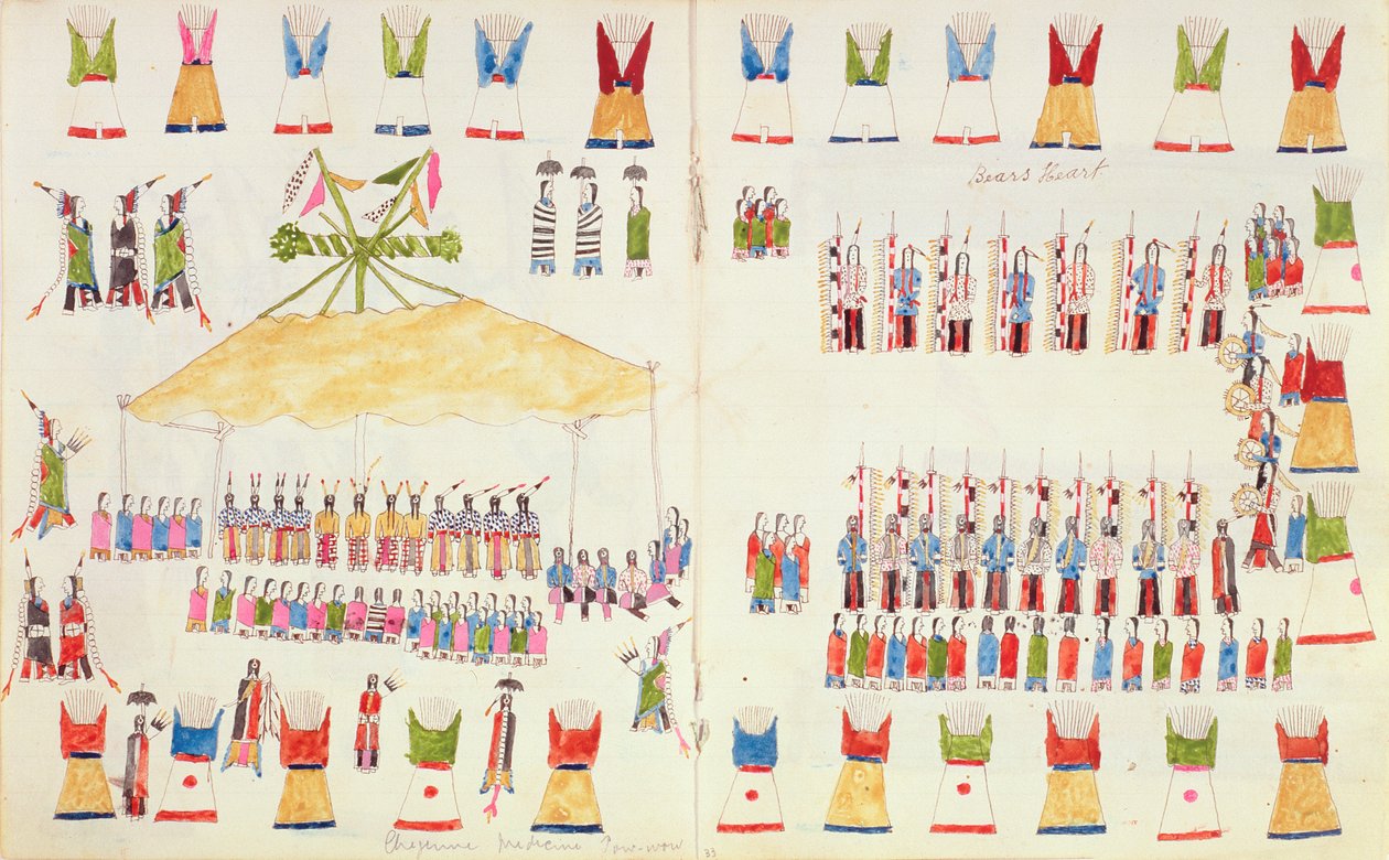 Serce Niedźwiedzia. Cheyenne Medicine pow-wow, z księgi szkiców wykonanej w Fort Marion, St Augustine, Floryda, 1877 autorstwa Making Medicine