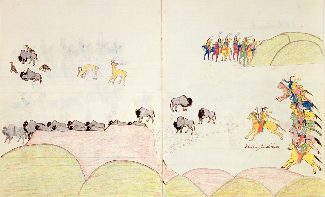 Native American Buffalo Hunt , z księgi szkiców wykonanej w Fort Marion, St Augustine na Florydzie, 1877 autorstwa Making Medicine