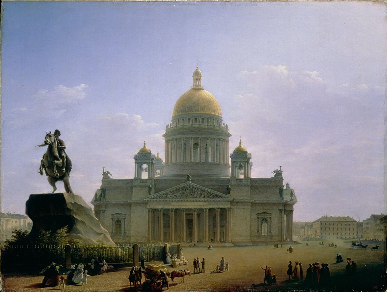 Katedra św. Izaaka z posągiem Piotra Wielkiego, 1844 r. autorstwa Maksim Nikiforovich Vorobiev