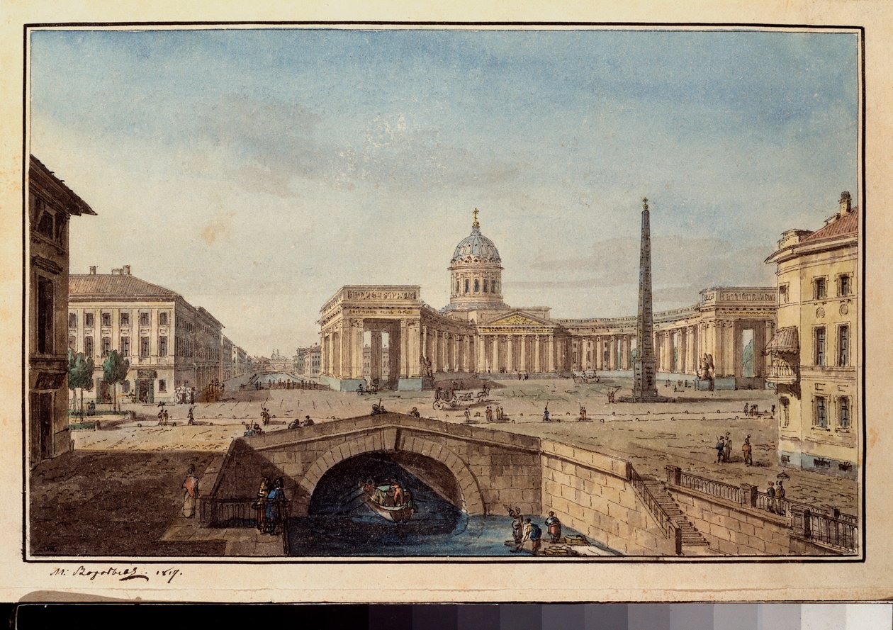 La Cathedrale Kazan a Saint Petersburg (Katedra Kazańska w Sankt Petersburgu) - Praca Maxima Nikiphorovicha Vorobyeva (Vorobiev) (1787-1855), tusz i akwarela na papierze autorstwa Maksim Nikiforovich Vorobiev