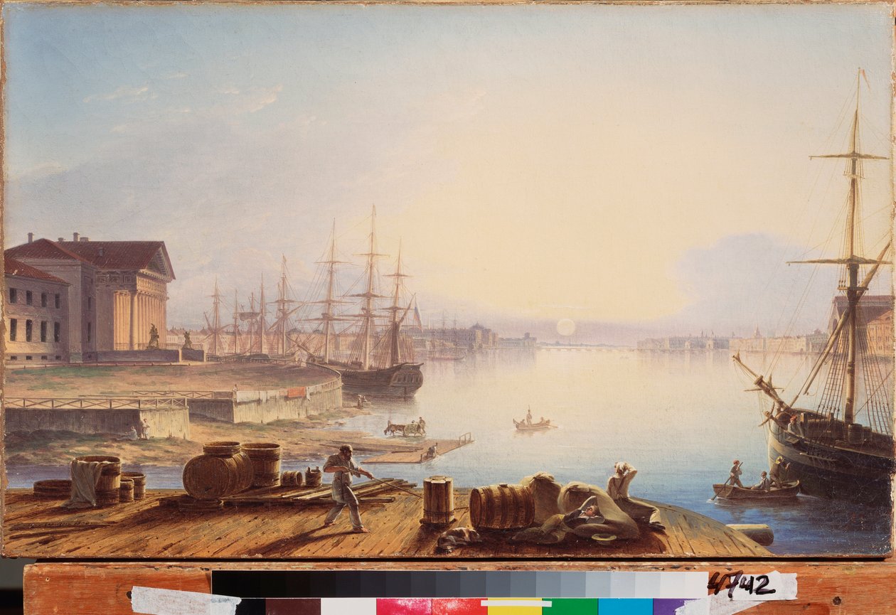 Wschód słońca nad Newą w Petersburgu - Obraz Maxima Nikiphorovicha Vorobyeva (Vorobiev) (1787-1855), olej na płótnie autorstwa Maksim Nikiforovich Vorobiev