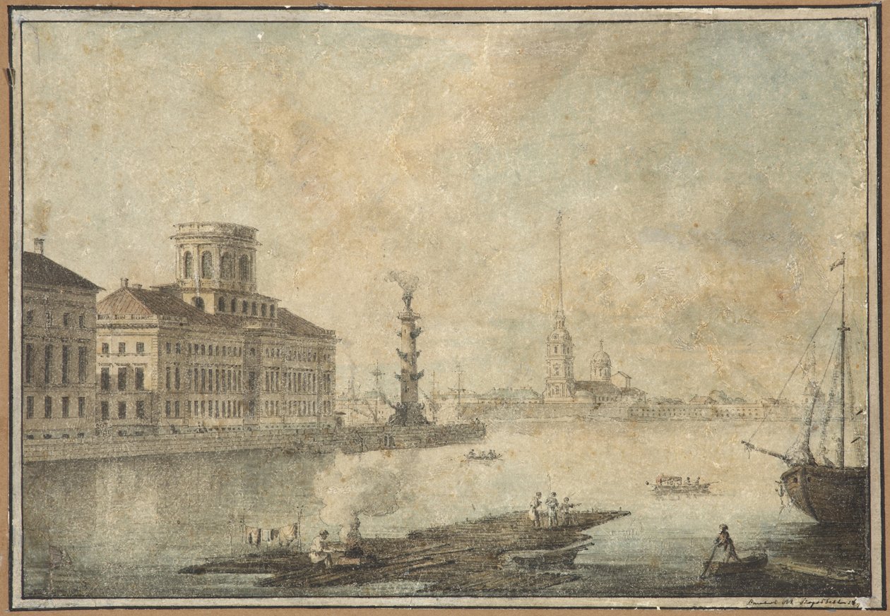 Widok na Newę i Akademię Nauk - Maxim Nikiphorovich Vorobyev (1787-1855). Pióro, pędzel, akwarela, tusz na papierze, koniec lat 20.-początek lat 30. XIX wieku. Państwowe Muzeum Historii Sankt Petersburga autorstwa Maksim Nikiforovich Vorobiev