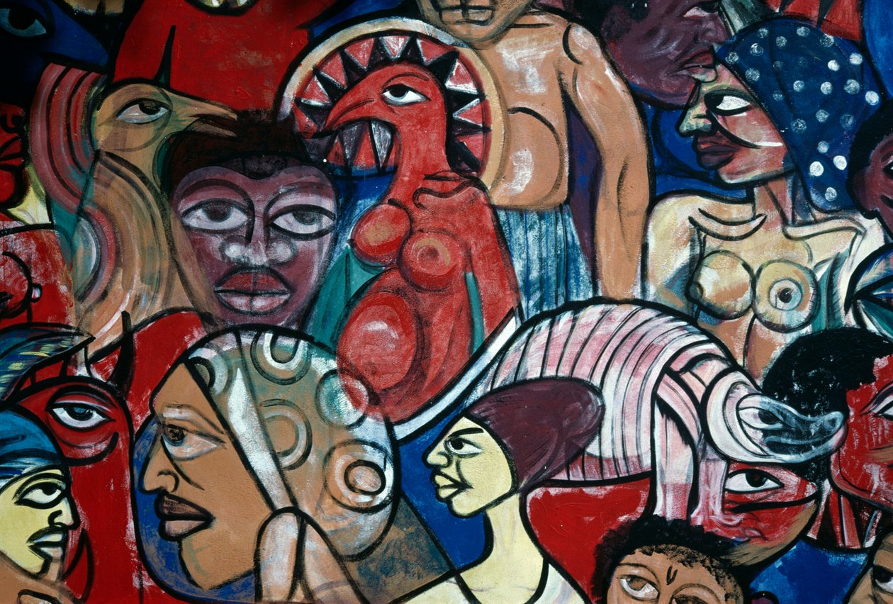 Twarze, mural w ogrodzie Muzeum Historii Naturalnej w Maputo, autor: Malangatana Valente Ngwenya (1936-2011), Mozambik, XX wiek autorstwa Malangatana Valente Ngwenya