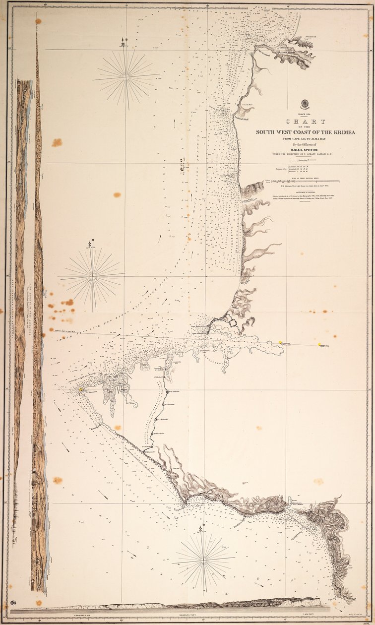 Morze Czarne, mapa południowo-zachodniego wybrzeża Krymu od przylądka Aia do zatoki Alma. Sporządzona przez oficerów H.M.S.V. Spitfire. autorstwa Malby Malby
