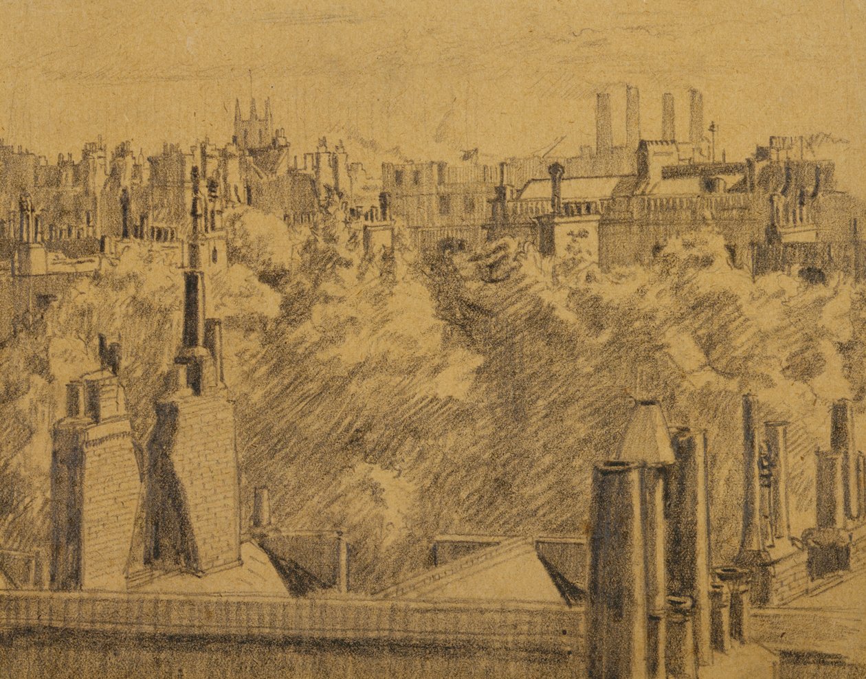 London Roofs, c.1914 (grafit na papierze ułożony na kartonie) autorstwa Malcolm Drummond