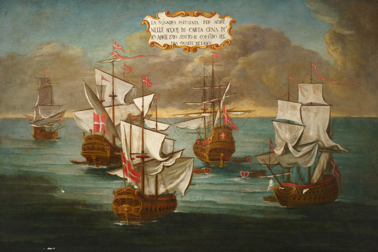 Szwadron Zakonu pod dowództwem frere Giuseppe de Langu, przygotowujący się do walki, u wybrzeży Kartaginy autorstwa Maltese School