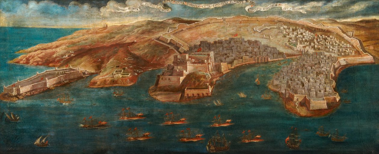 Widok na Fort Ricasoli, zamek St Angelo, LIsola i linie Cotonera z Valletty, 1679 autorstwa Maltese School