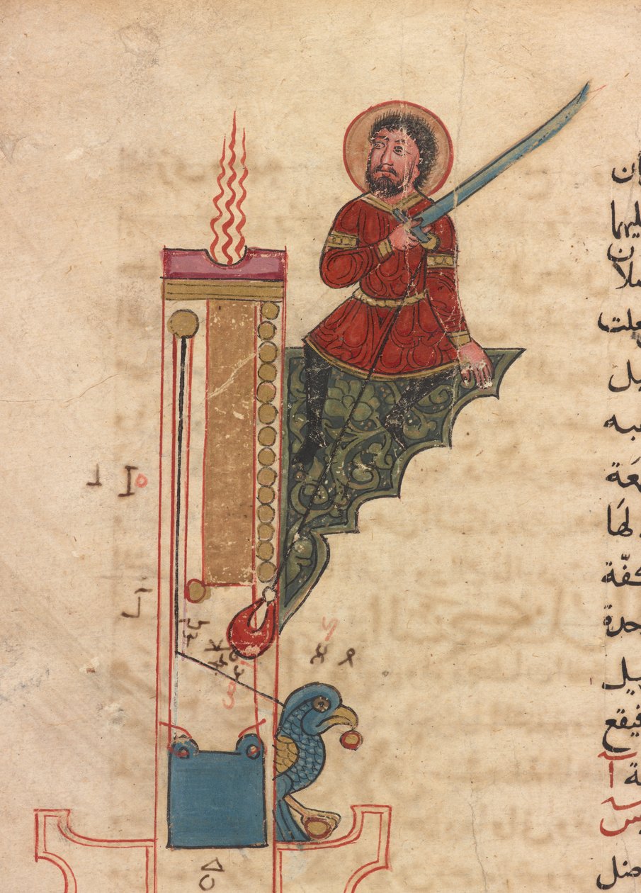 Zegar świecowy, folio z Kitab fi ma`arifat al-hiyal al-handisaya (Księga wiedzy o pomysłowych urządzeniach mechanicznych) Automata al-Jazari (zm. 1206) (tusz, nieprzezroczysta akwarela i złoto na papierze) autorstwa Mamluk Sultanate school