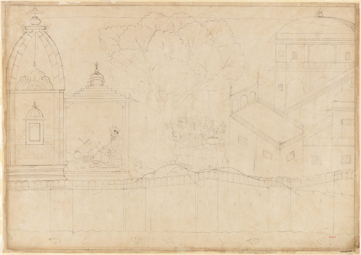 Indrajit składa ofiary: Folio z serii Oblężenie Lanki, ca. 1725. autorstwa Manaku